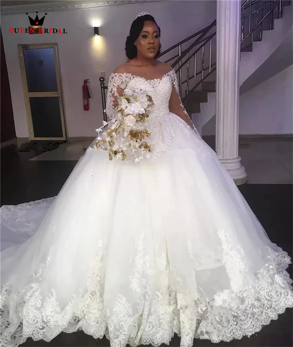 Custom Made Plus Size Weddding Dresses Ball Gown Long Sleeve Tulle Lace Crystal Beaded Formal Bridal Gowns SD20