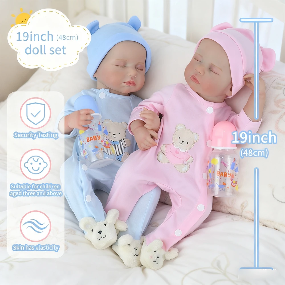 

19inch Loulou Reborn Sleeping Baby Dolls Twins Girl and Boy Lifelike Silicone Vinyl Newborn 3D Skin Handmade Toy Christmas Gifts