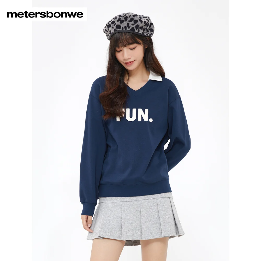 Metersbonwe-Damen Strick pullover V-Ausschnitt Farbe Clash Print Revers Sweatshirt Campus Student Jugend Frühling Herbst