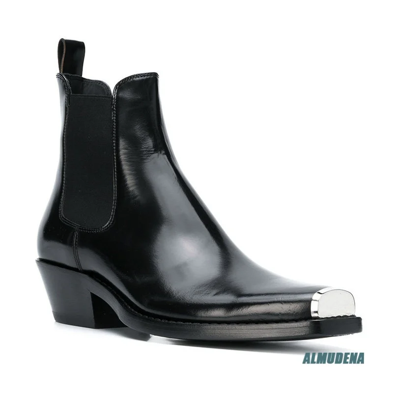 Botas Chelsea de cuero genuino negro para hombre, con punta cuadrada, puntera metálica, estilo occidental, tacón cubano, botines para streetwear.
