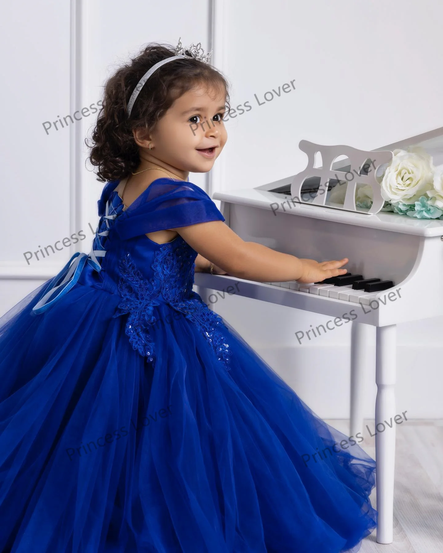 Blue Tulle Flower Girl Dresses Lace Sequined Ball Gown Cute Cap Sleeve Princess Birthday Party Dress