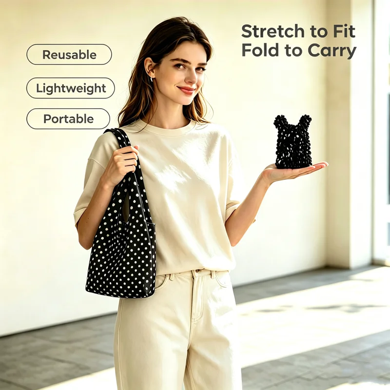 New Magic Stretch Bubble Storage Bag Foldable Reusable Portable Mini Expandable Polka Dot Print Handbag for Travel Shopping Use