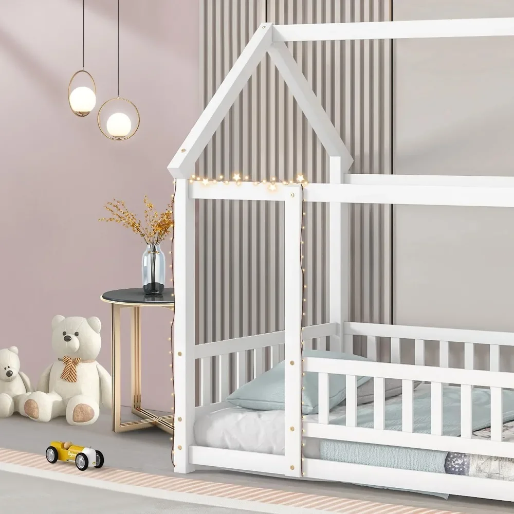 Floor Bed Frame with Roof, Wooden Montessori Bed with Fence, House Bed for Boys Girls Bedroom