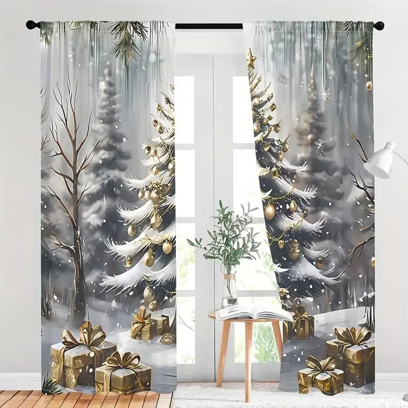 

2pcs- Holiday Forest Christmas pattern printed curtains, window decorations, home decorations, room decorations
