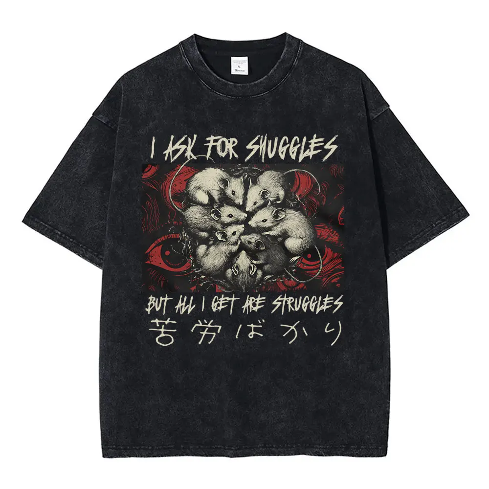 

I Ask for Shuggles But All I Get Are Struggles T-shirt Funny Japanese Style Rat Retro Washed T Shirt Men Casual Oversized Tshirt
