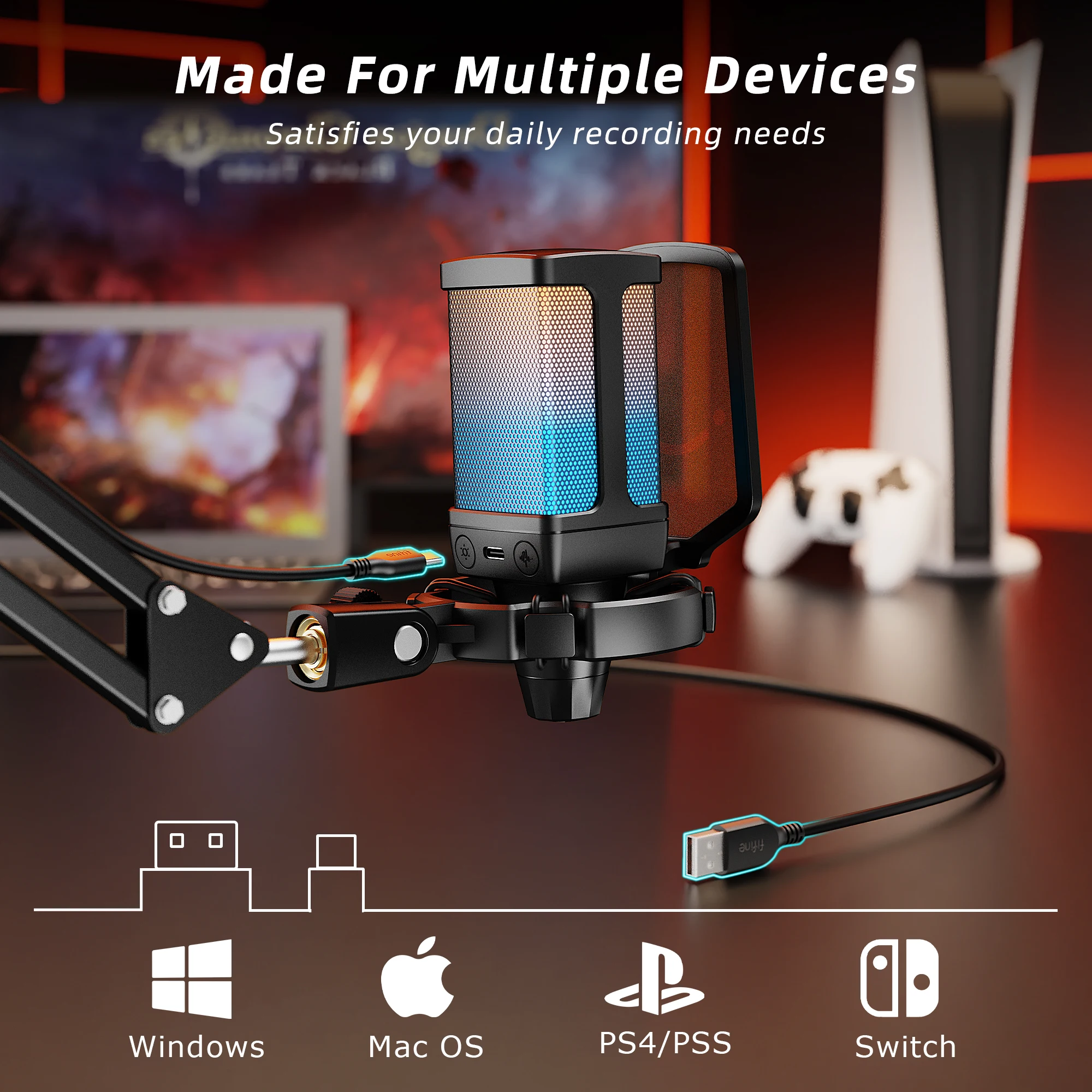AmpliGame Gaming USB Microphone Set with Quick Mute,RGB Condenser Mic Kit with Vol Gain,Noise Reduction for Streaming,PC,PS5-Q6T