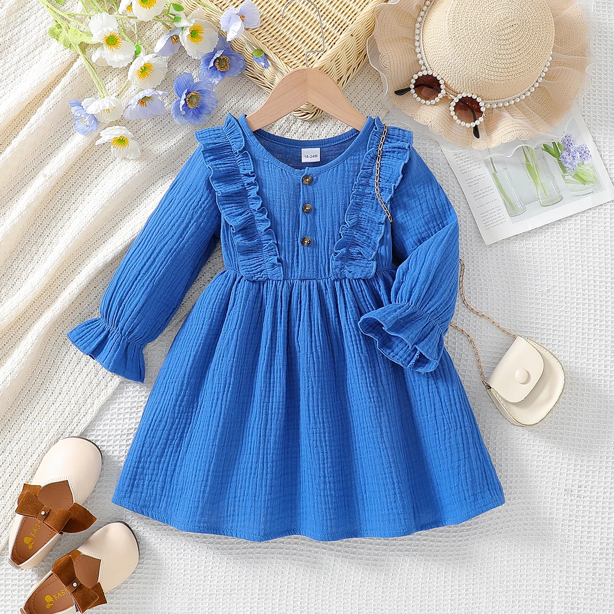 Children’s 2025 Summer New Arrival Girls’ Solid Color Long-Sleeved Casual Dress