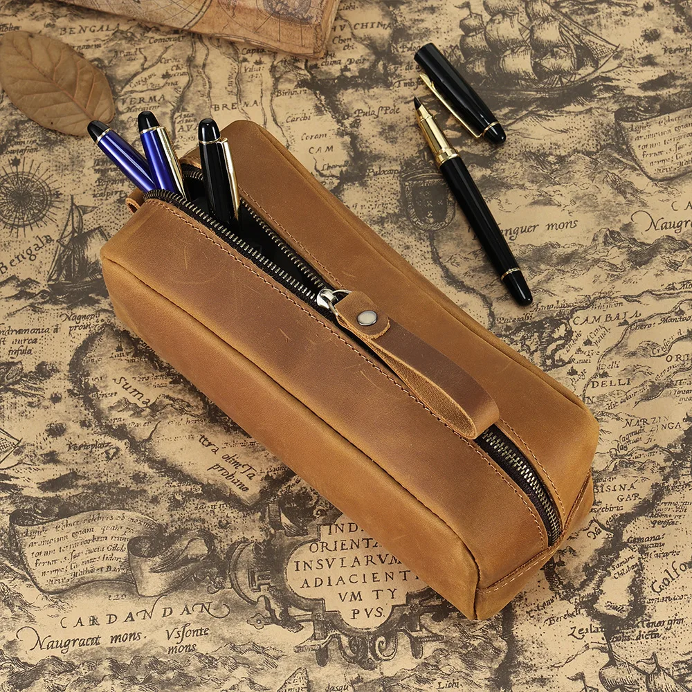 Genuine leather pencil case, large capacity stationery bag, vintage cowhide pencil case, office and study stationery storage bag