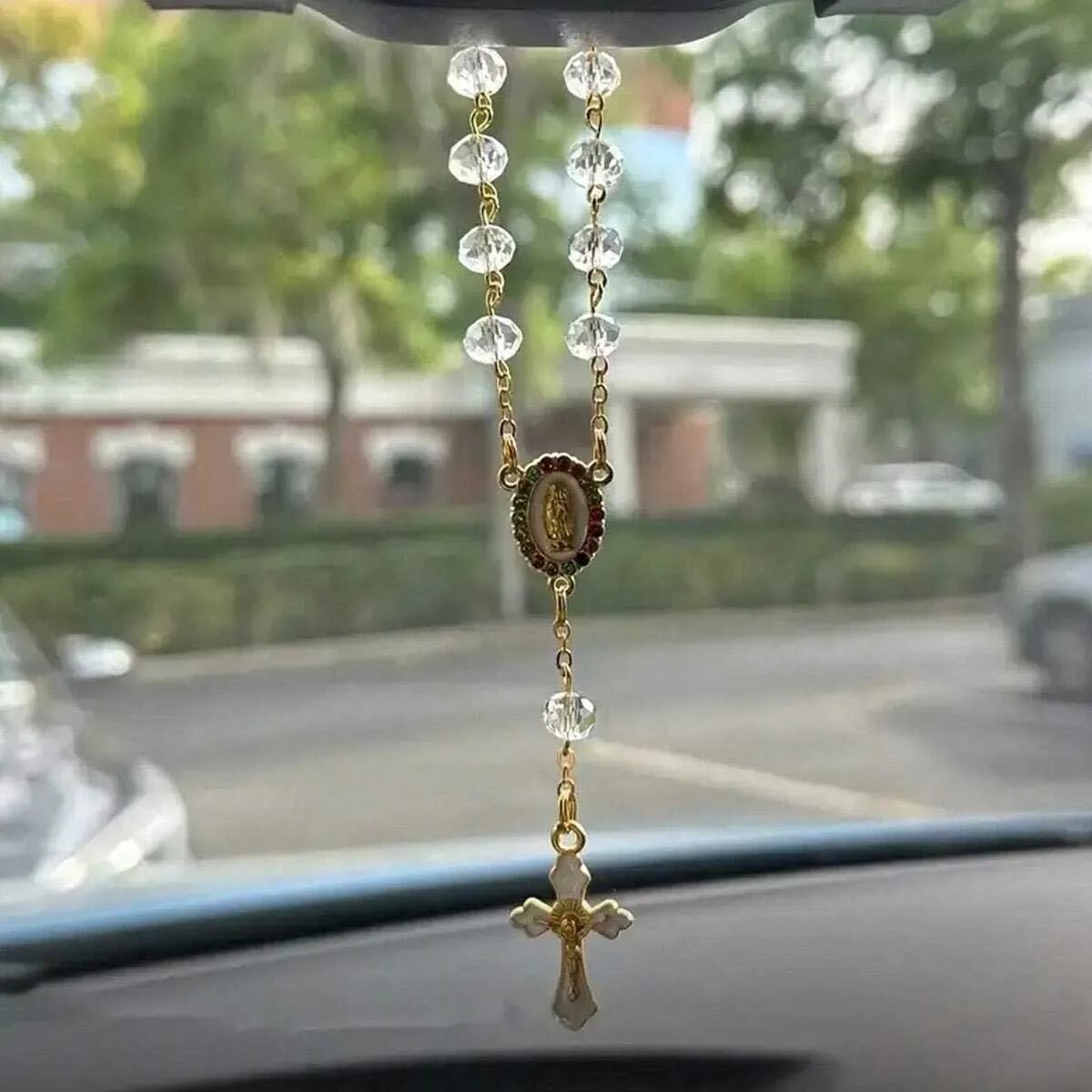 New Elegant Car Mirror Maria Rosary with Cross Pendant - Car Accessories, Stylish Beaded Car Interior