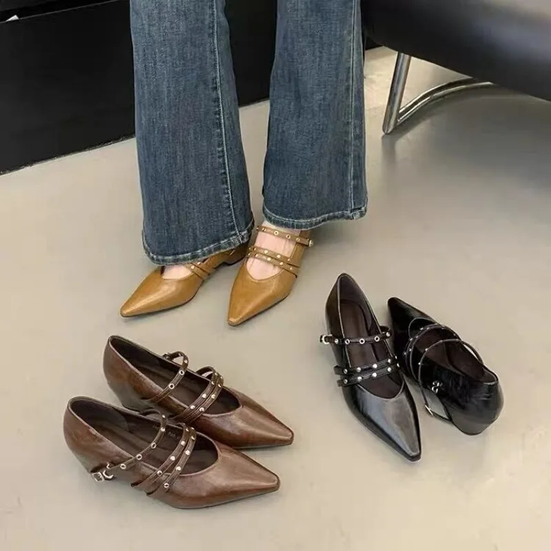 

Women's 2025 Fall New Vintage Studded Block Heel Commuter Shallow Heels Mary Jane Pointed Toe Single
