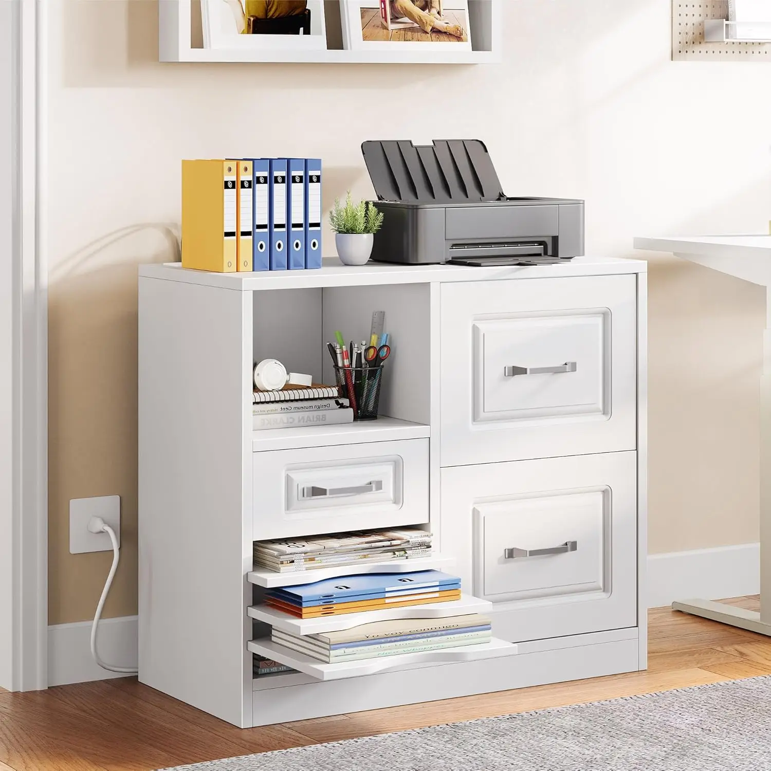 3 Drawer File Cabinet, Filing Cabinet with Charging Station, Printer Stand with Open Storage Shelves, Fits for A4, Letter