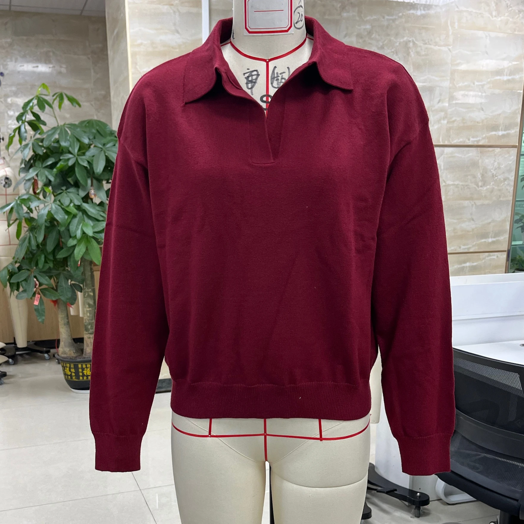 버건디 긴팔 브이넥 스웨터 여성 풀오버 스웨터 릴랙스 핏 니트 탑 캐주얼 가을 스웨터 여성용