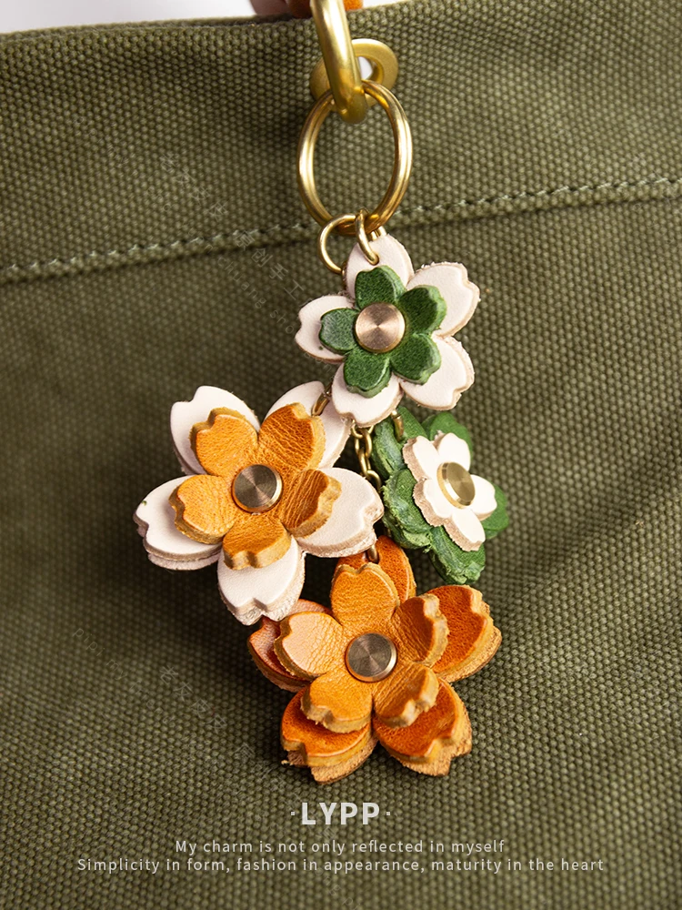 

Genuine Leather Cherry Blossom Keychain -Handmade Car Keyring & Bag Charm Accessory with Sakura Floral Design for Women