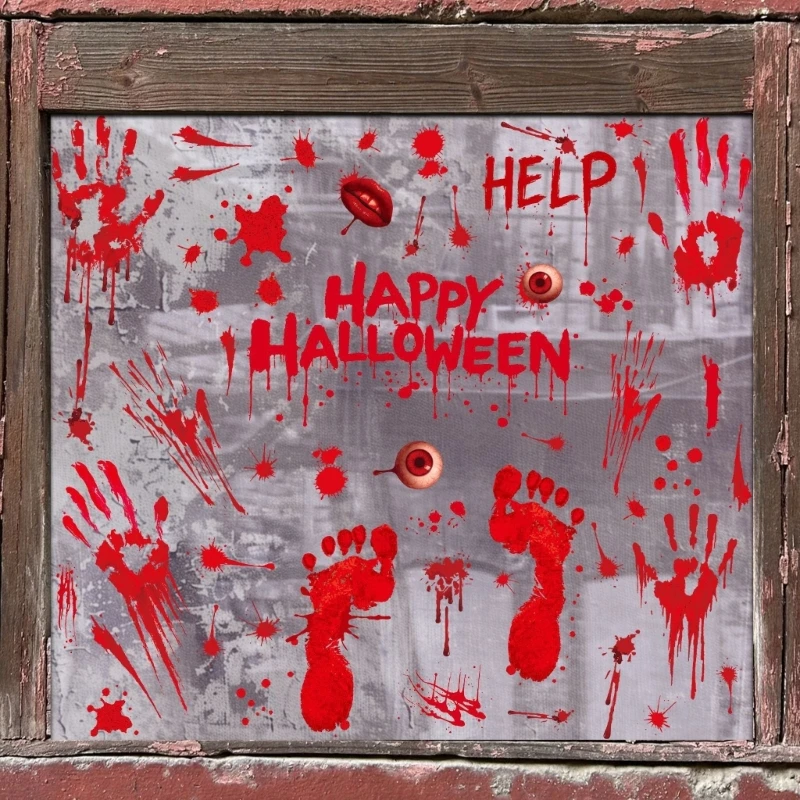 8 أوراق رعب بصمة دموية ثابتة شارات هالوين نافذة الحفلات clings jomd