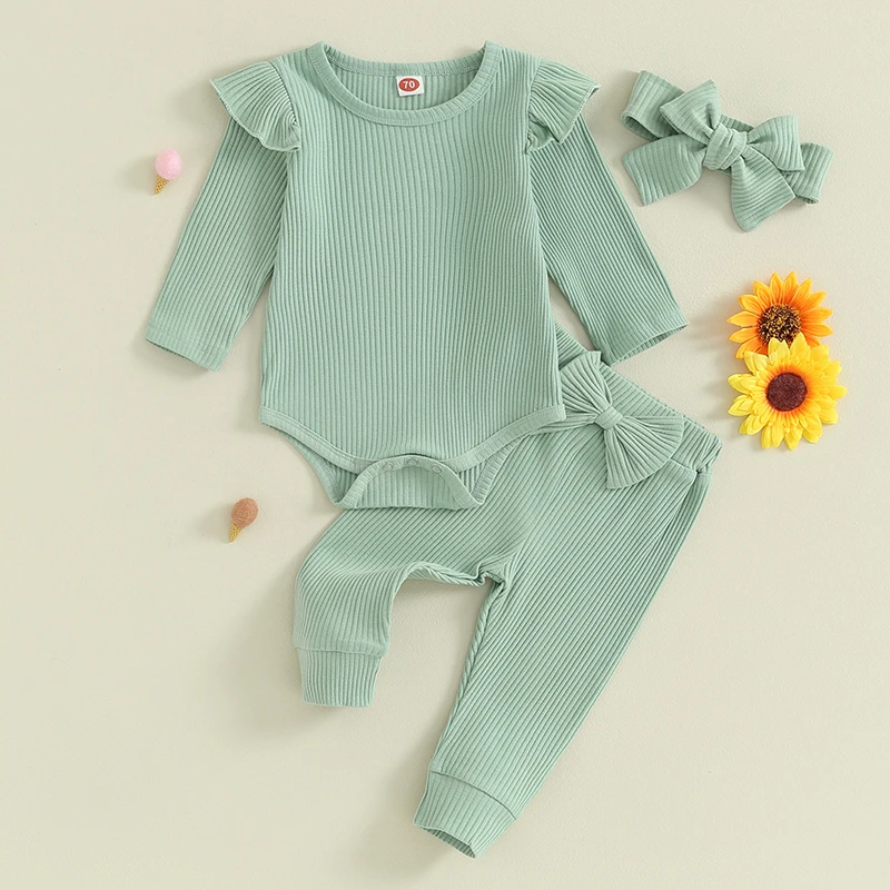 

Autumn Baby Girls 3Pcs Fall Outfits Long Sleeve Rompers Bodysuits+Bow Pants+Headband Set Infant Cotton Casual Soft Clothes