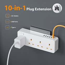 10-in-1 British Standard Power Outlet, Power Outlet Surge Protector, 4 AC Outlets, 4 USB 2 Type-C, Desktop Charging Station