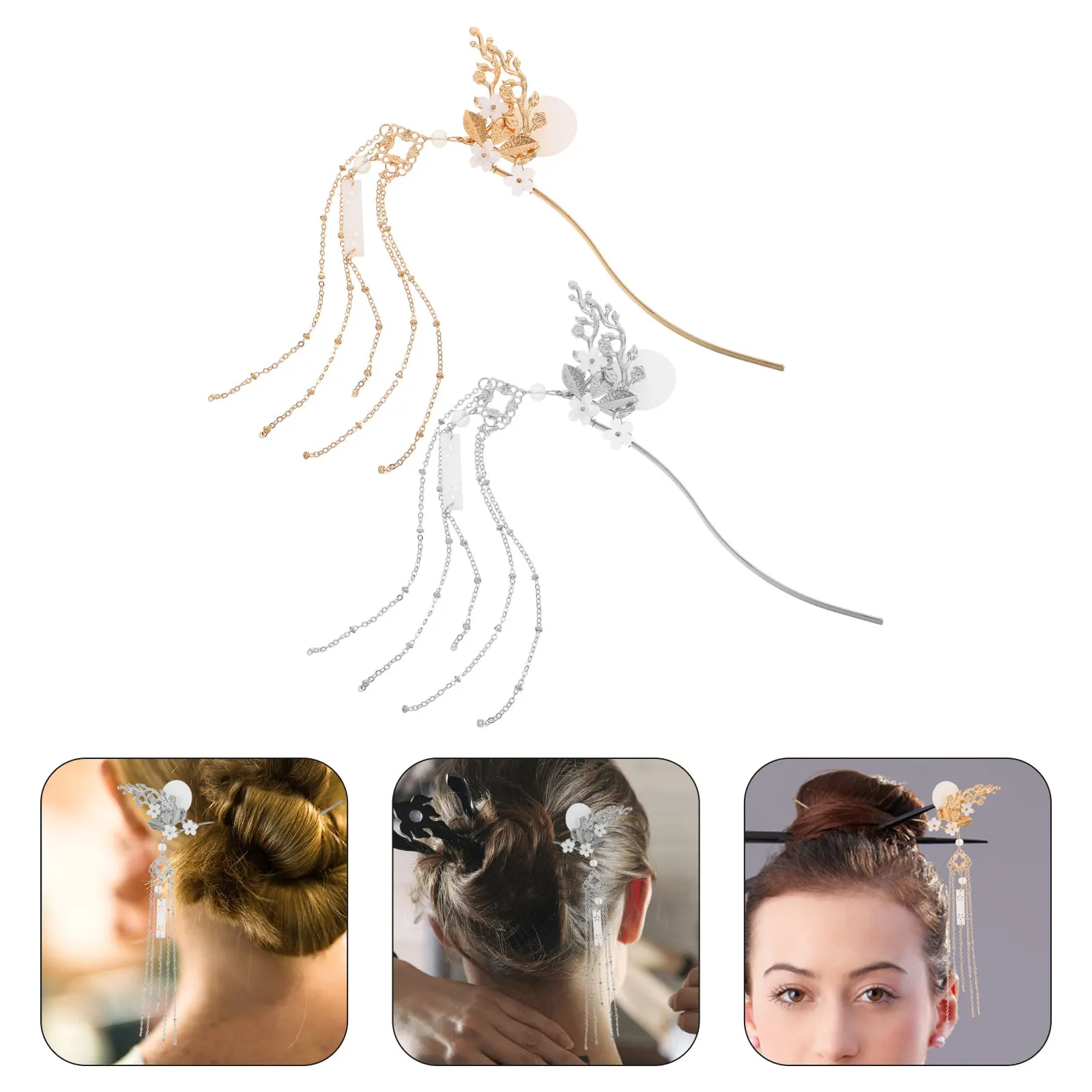 

2pcs Chinese Hair Sticks Vintage Floral Tassel Hairpins Traditional Metal Hanfu Updo Accessories Ancient Style Elegant Flower