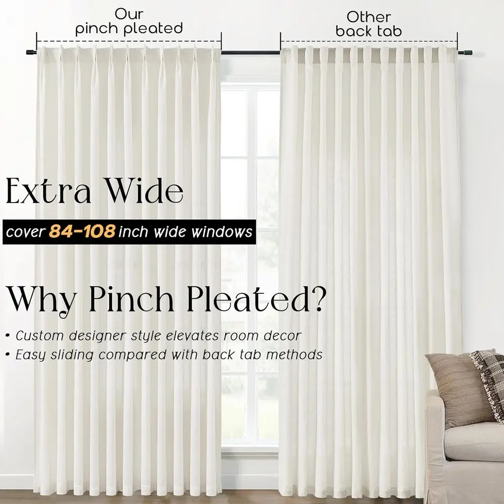 Cream Sheer Light Filtering Linen Curtains, 70x90 Inch, 2-Panel Set for Living Room