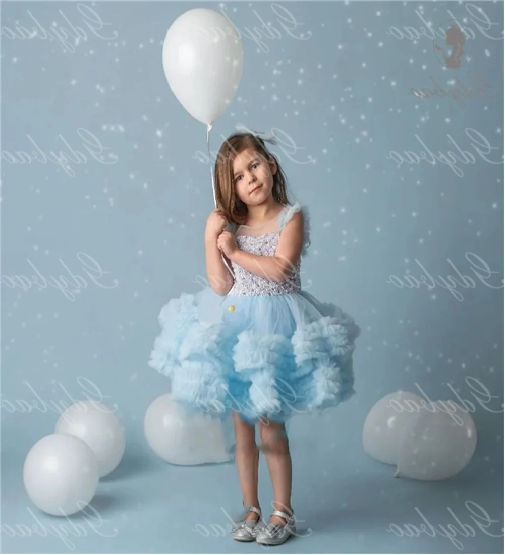 

Pearl Wedding Prom Light Blue Flower Girl Dress Short Layered Made To Order Birthday Pageant Communion Robe Baby Party