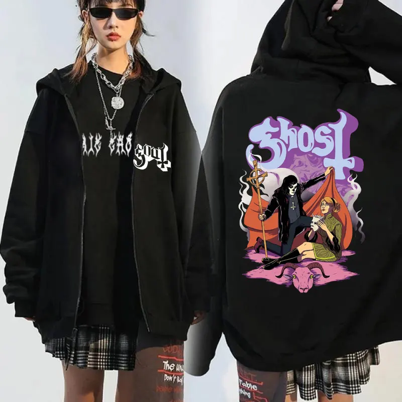 Jaket hoodie bertudung ritsleting mobil Band hantu Vintage mode pria Hip hop Gotik pakaian jalanan ukuran besar mantel baju olahraga bulu