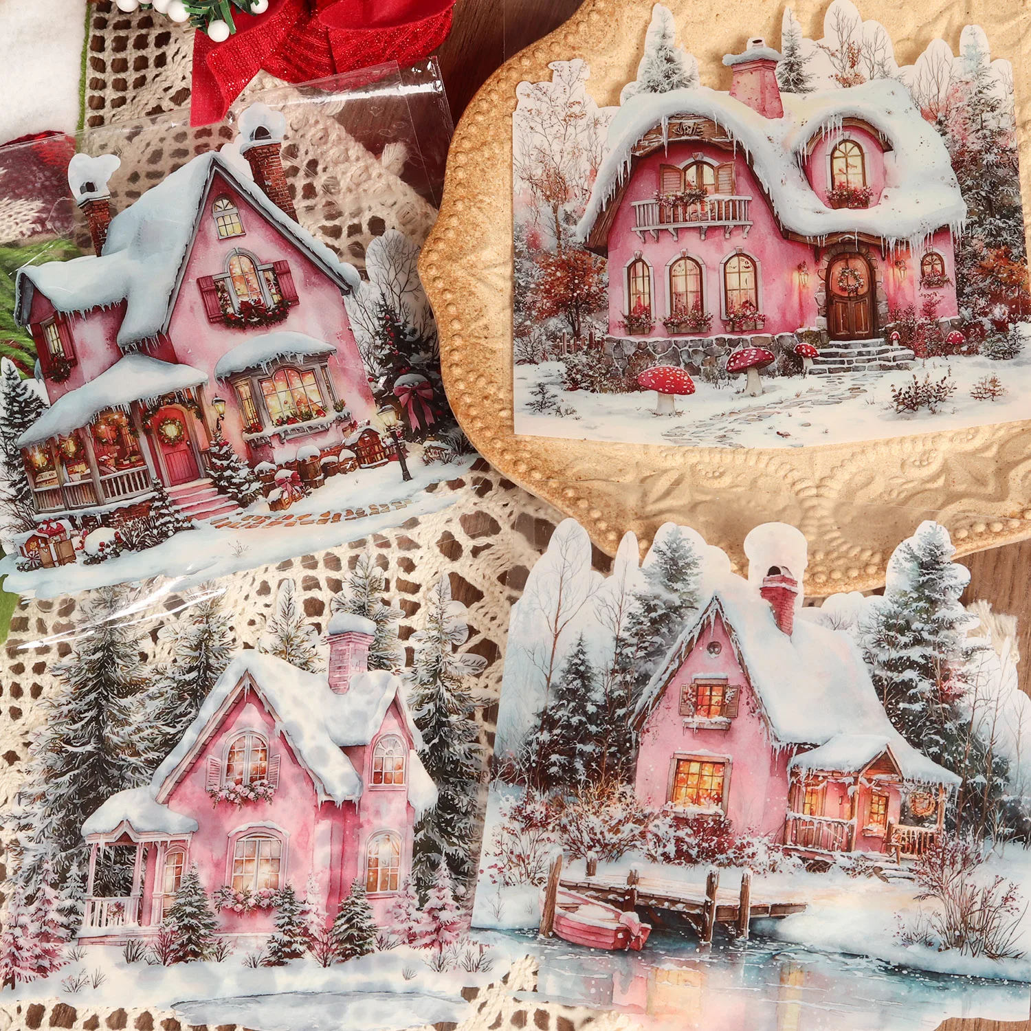12 Blatt PET-Aquarell-Rosa-Weihnachtshütte, große selbstklebende Aufkleber, für Scrapbooking-Zubehör, Hintergrundaufkleber – Detail 1