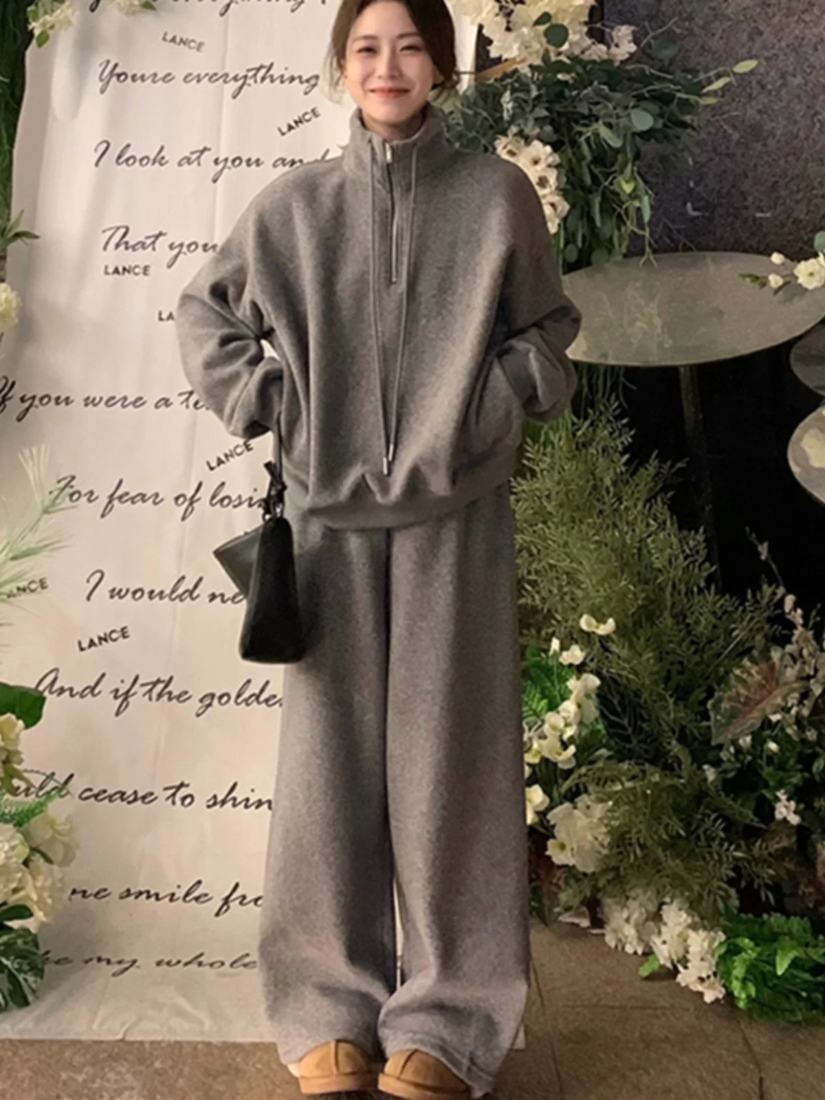 

Thickened Fleece Long Sleeve Sweatshirt Wide Leg Pants Sporty Casual Running Two Piece Set Women Autumn Winter Half Zipper