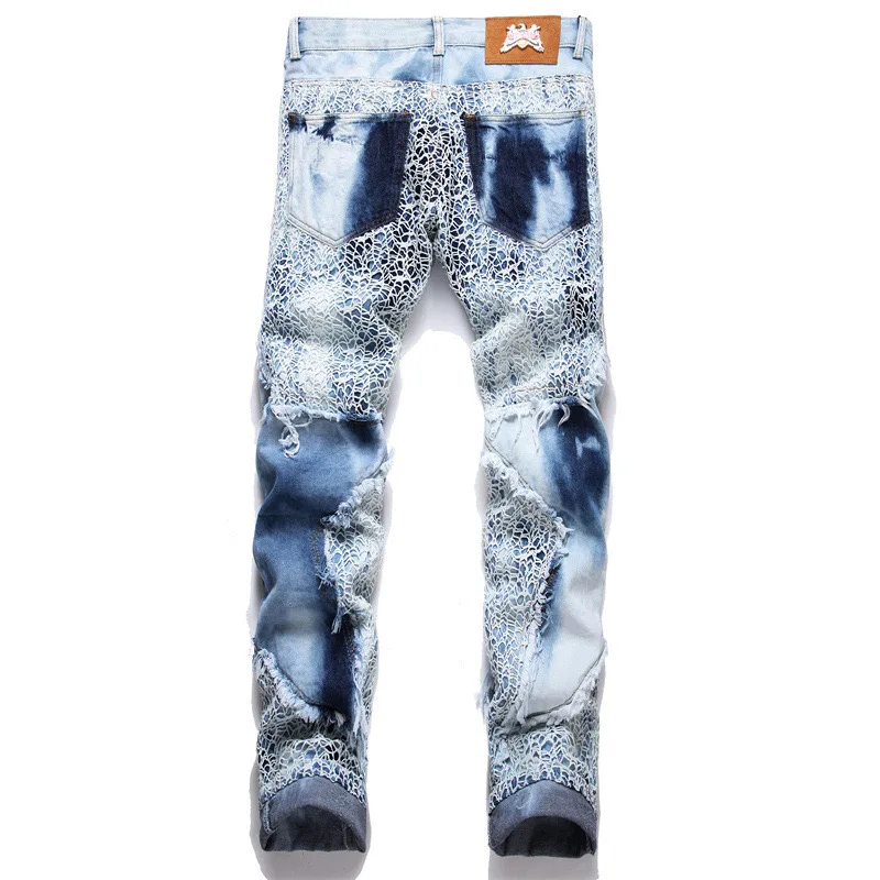 Winter Leopard Tattered Jeans Men's Snake Skin Embroidery Worn High Elastic 3D Inner Stars Zipper Bleached Slim Fit Pants Pocket