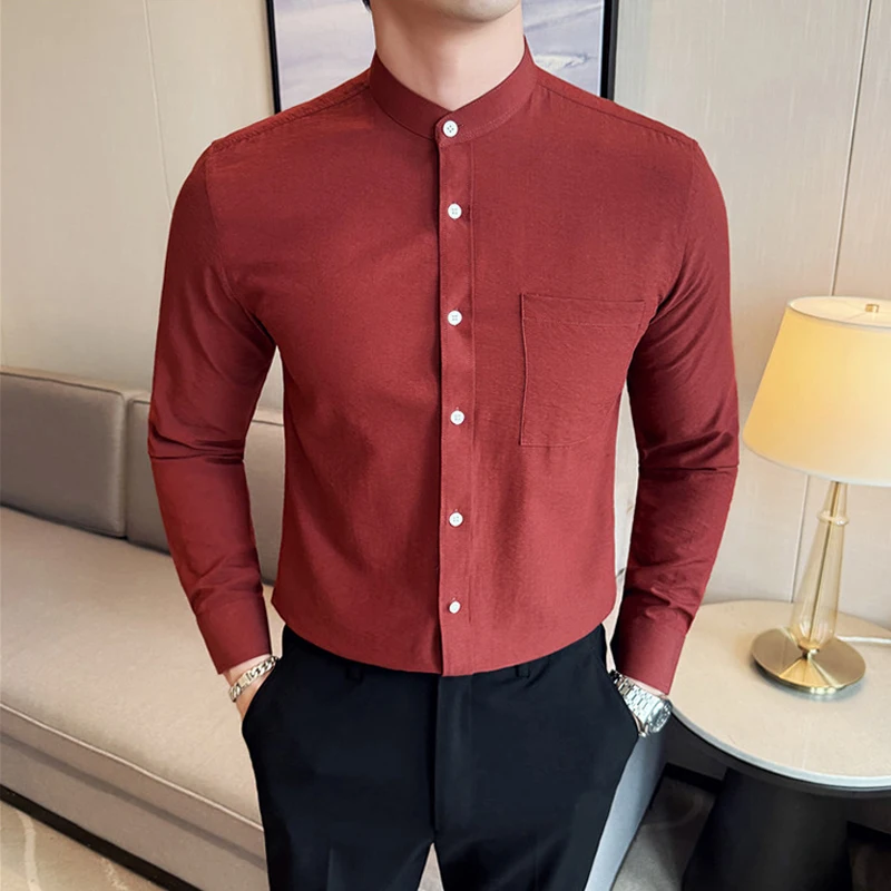 

Vintage Spring Summer Cotton Linen Men Shirts Fashion Stand Collar Long Sleeved Men's Dress Shirt Pure Color Casual Blouse Man