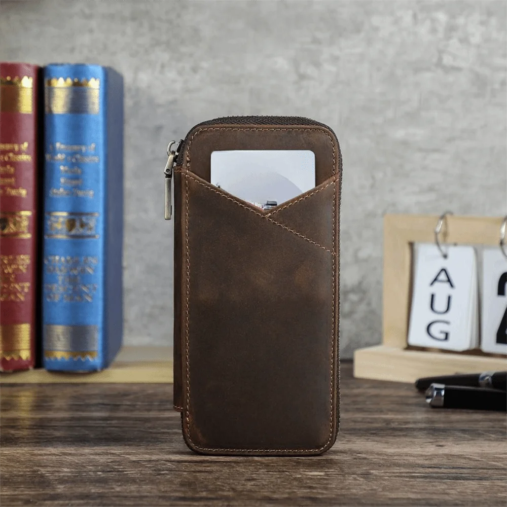 Handmade Leather Genuine Leather Pencil Case Vintage Style Crazy Horse Leather Pen Case 4 Slots Design Pencil Organizer Bag