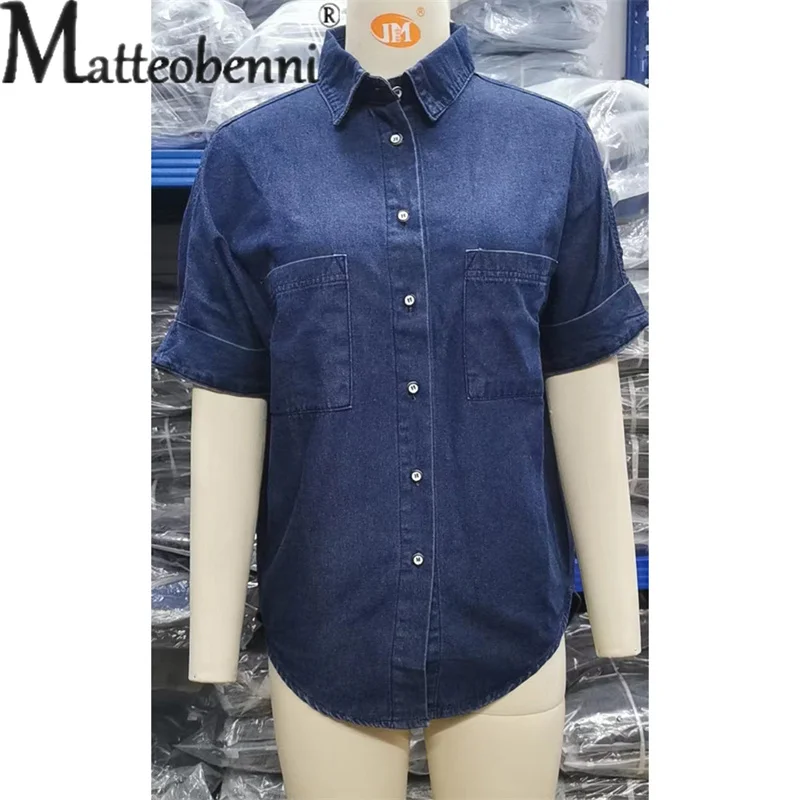 Fashion Commuter Denim Blouse Female Streetwear Casual Cardigan Short Sleeve Tops Lapel Splicing Pocket Batting Shirt Women 2023