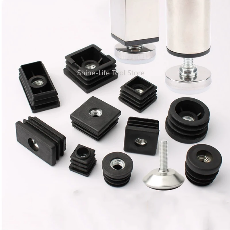 Adjustable Black Square/Round Blanking End Caps M8 M10 Nut Hole Rectangle Pipe Cover 20~50mm Round Plastic  Inserts