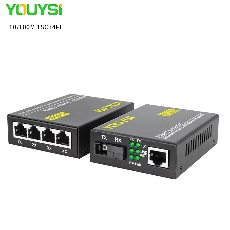 YOUYSI 1 pair 10/100Mbps Media Converter 1 port RJ45 1 port SC + 4 port RJ45 1 port SC Single Mode Optic Fiber