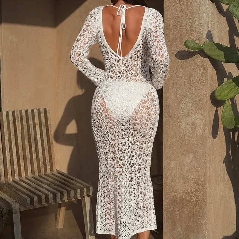 2025 Backless Hollow Knit Sexy Cover Shirt with Metal Ring Strap for Beach Vacation Sun Protection Skirt Fashionable Summer Top