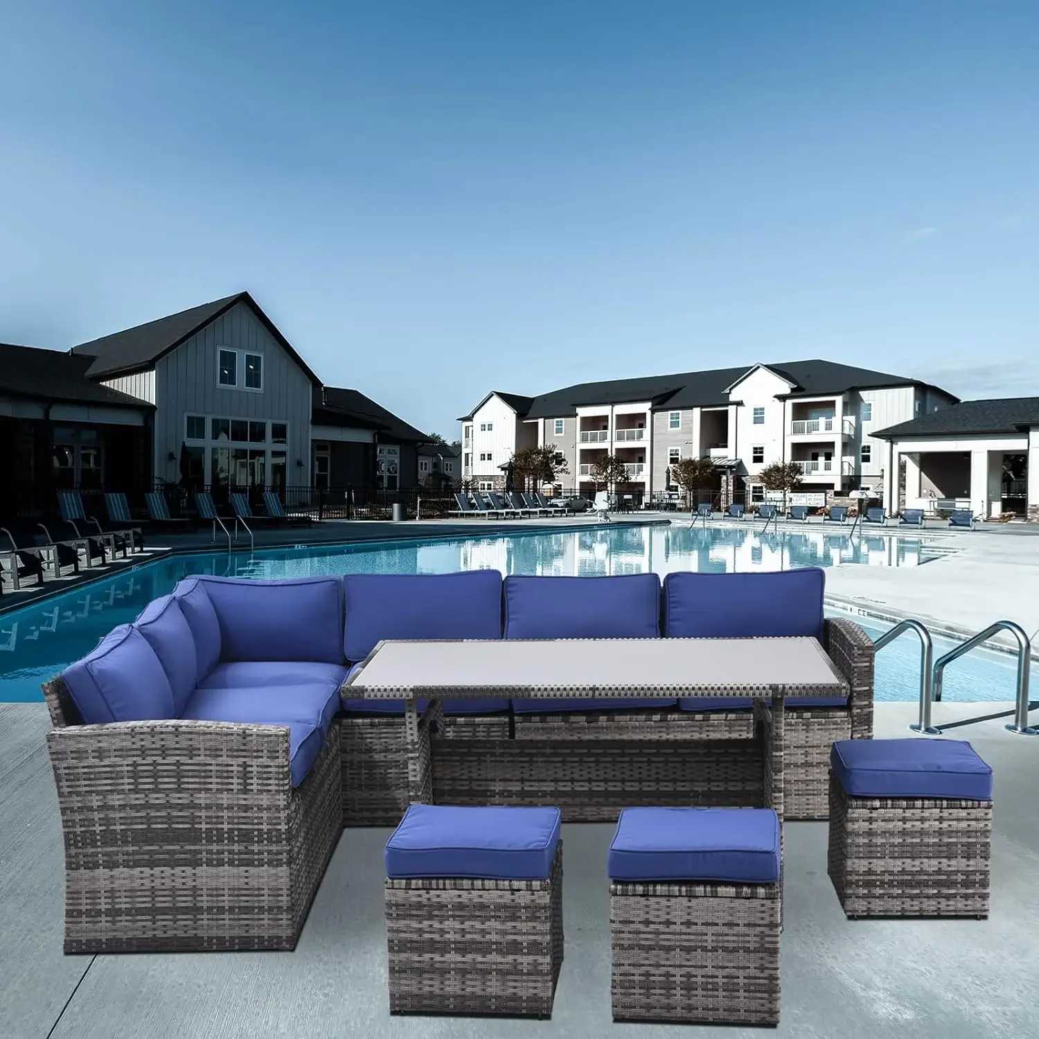 

Outdoor Sectional Couch Sofa with Dining Table and Chair,All Weather PE Wicker Rattan with Ottoman for Pool Garden Backyard