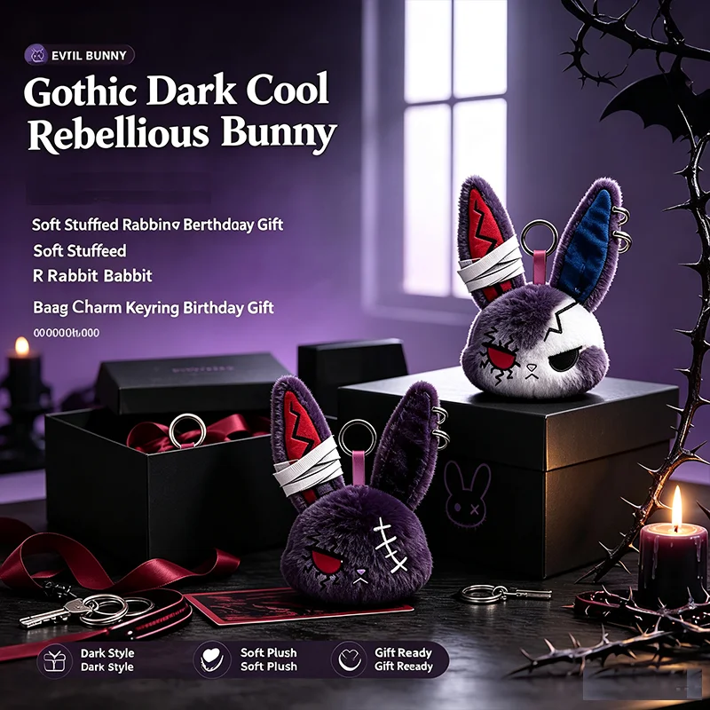 Gothic Dark Cool Rebellious Bunny Plush Doll Keyring Dark Style Rabbit Bag Charm Pendant Soft Stuffed Toy Birthday Gift