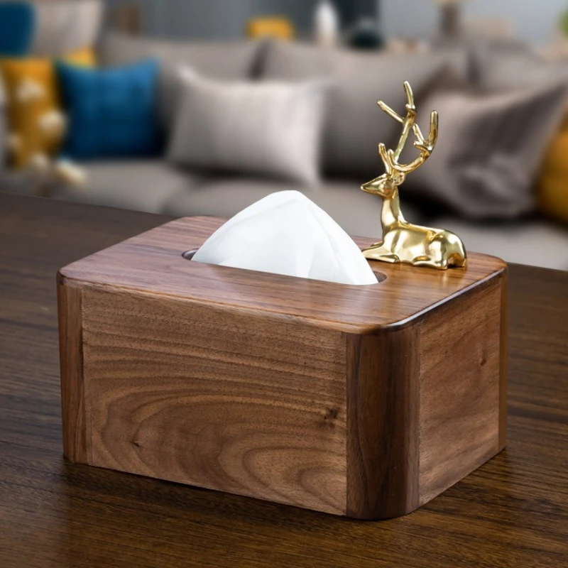

Black Walnut Wood Tissue Box,New Chinese Style with Brass Accent,Stylish Organizer Hotel,Modern Coffee Table Decoration
