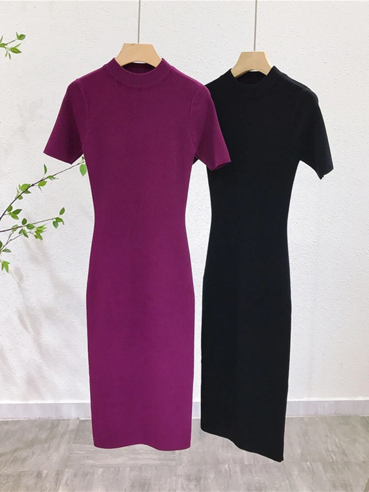 High Quality New Soft Knit Dresses Korean Half Turtleneck Short Sleeve Vestidos Femme Vintage Slim Basics Dresses C-150