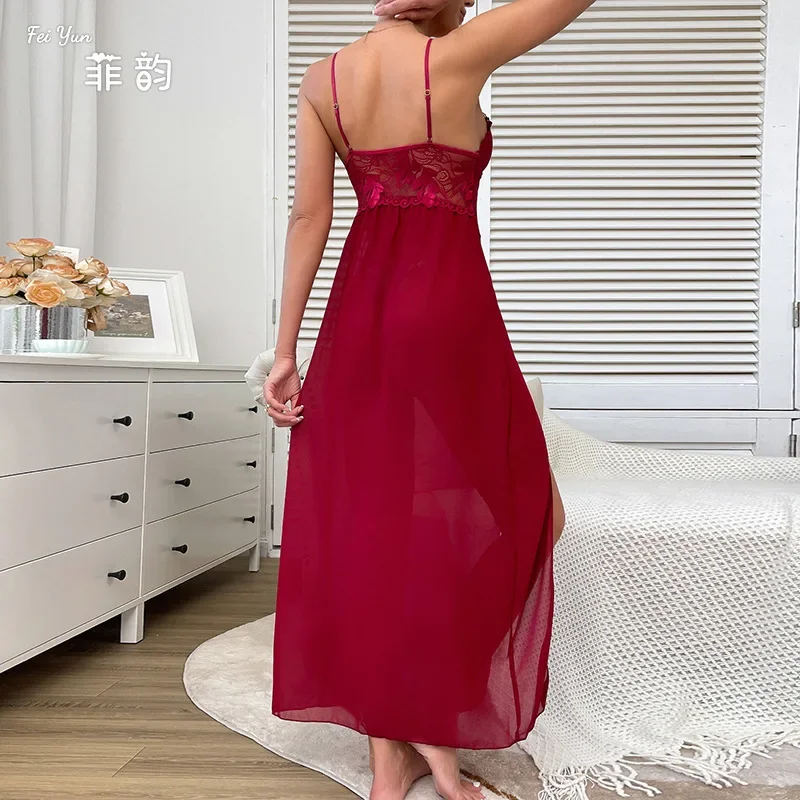 Sexy Chiffon Deep V Lace Pajamas Side Slit Suspender Skirt Plus Long Home Clothes Nightdress Women Sleepwear Women