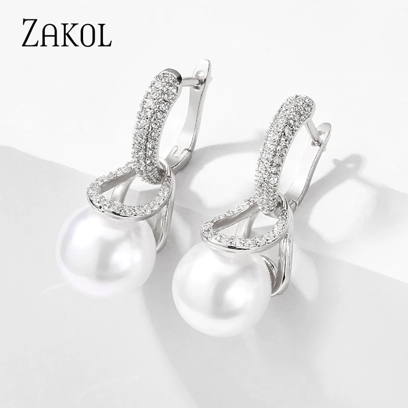 ZAKOL New Micro-inlaid Zircon Hoop Earrings for Women Luxury Imitation Pearl Drop Earring Jewellery Aretes De Mujer EP2839