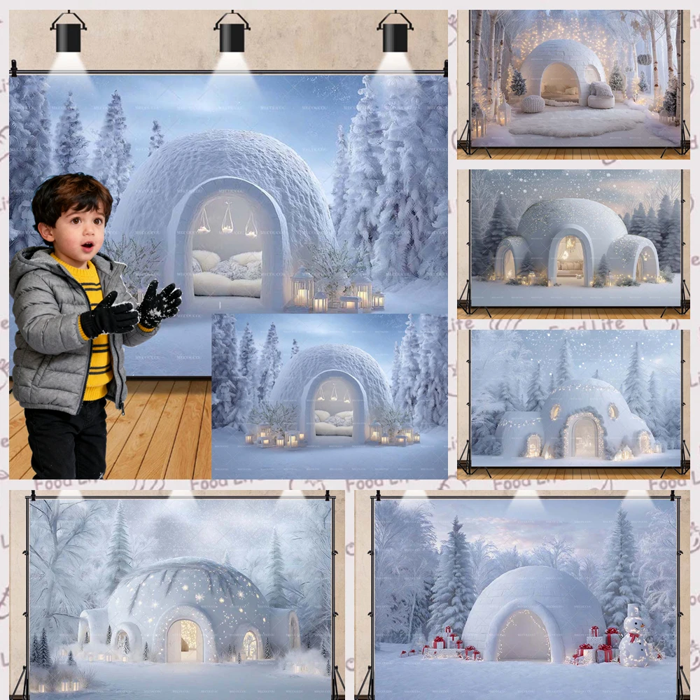 

Arctic Christmas Igloo Background Winter Forest Snow Theme Customized Photo Studio Background Family Party Portrait Decoration