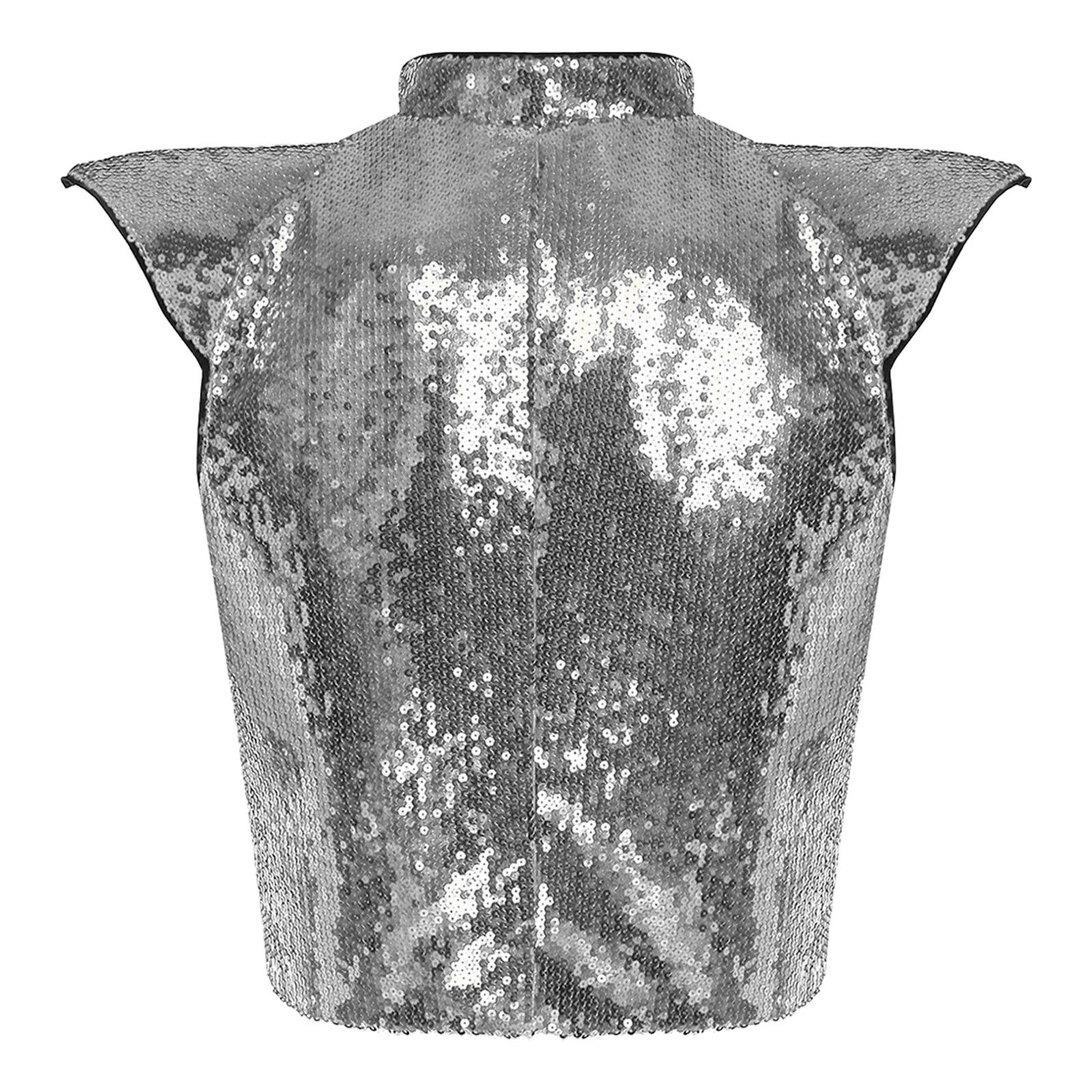 Męska brokatowa kamizelka do tańca jazzowego, cała w cekinach, z falbankowymi rękawami, klapami, dekoltem w serek, bez rękawów, w pełni podszyta, top na scenę lub do klubu.