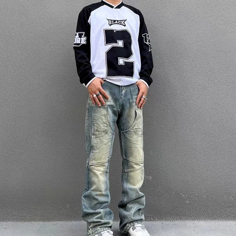 

Four Seasons Men's Vintage High Street Yellow Mud Color Jeans Cargo Pants Trendy Straight Bootcut Denim Trousers Male Streetwear