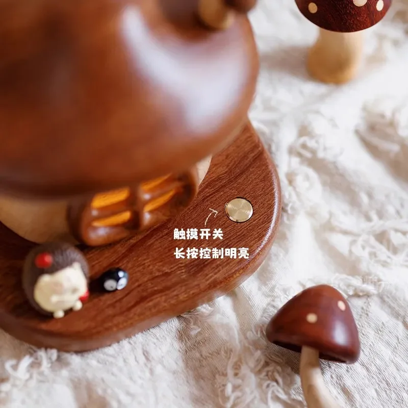 Rechargeable LED Mushroom Night Light Solid Wood Bedside Lamp Cute Ambient Lighting for Kids Room Bedroom Home Decor Ornament