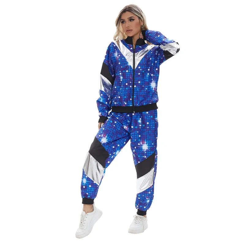 Vintage Tracksuit Retro Women Fantasy Fancy Dress Up 90S 80S Hippie Disco Costume Cosplay Party Clothes Street Dance Uniform