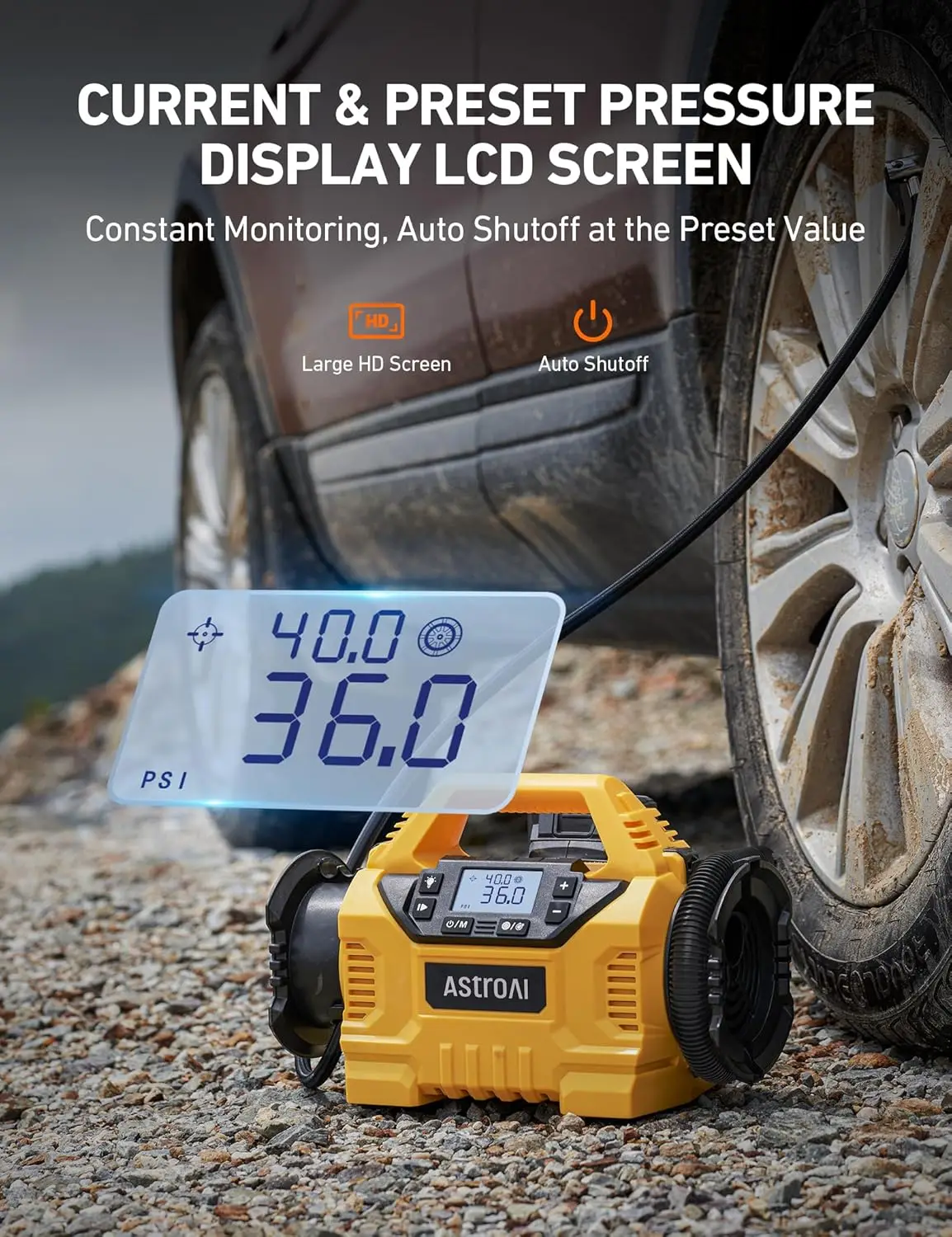 Cordless Tire Inflator Portable Air Compressor for Car 160PSI with HD Screen, 3 Power Sources & Dual Powerful Motors, Heavy