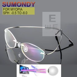 Rimless Myopia Glasses -0.5 to -8.0 Men Women Frameless Alloy Prescription Spectacles Blue Light Blocking Or Photochromic UF176