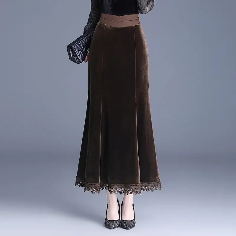 Elegant Women's Ankle Length A-Line Skirt With Lace Trim Loose Fit Office Wear Fashionable Fall Winter Style