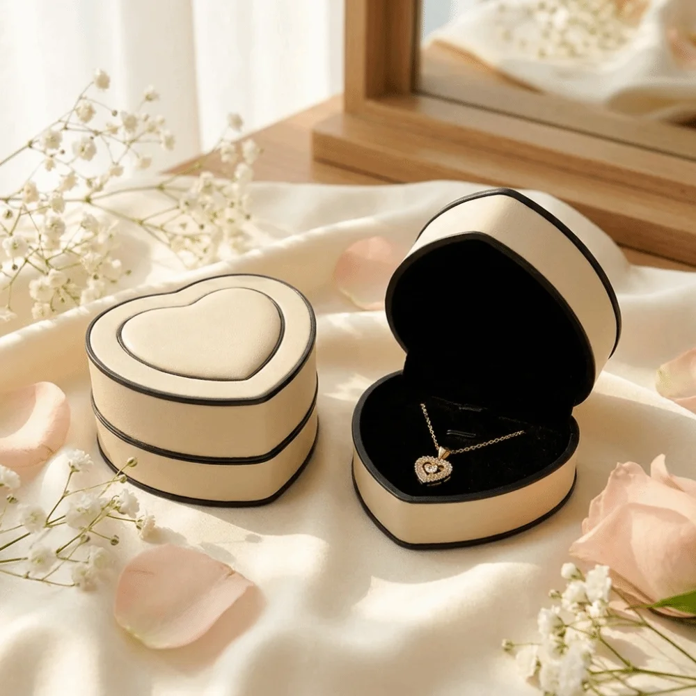 Heart-shaped Jewelry Box Solid-color Surface Compact Portable Size Gift Packaging Box PU Leather Reliable Stitching Storage Box