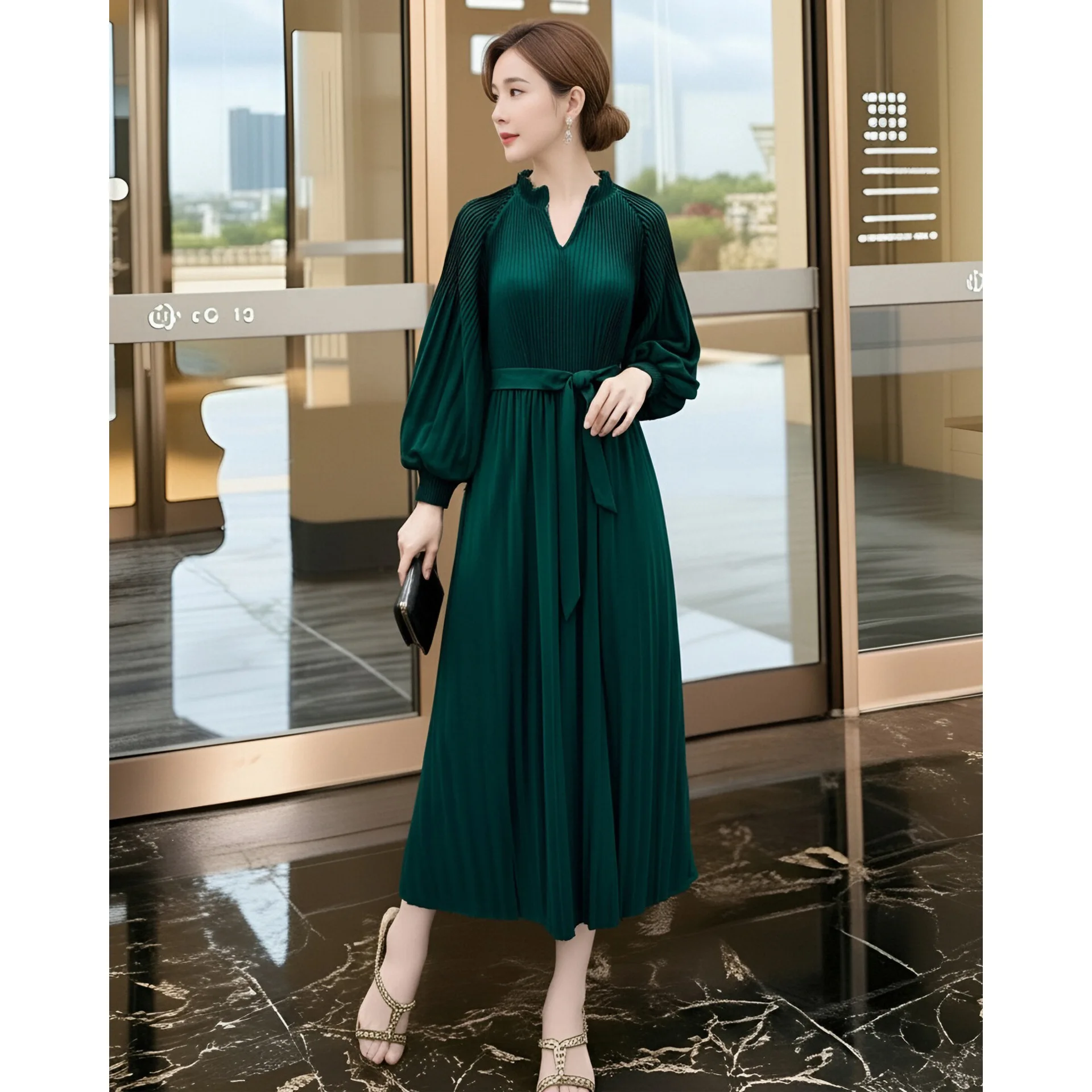 Miyake Pleated 2026 Fall and Spring Elegant Temperament Dress Female New High-end Fashion Waist Dark Green Medium-length Skirt