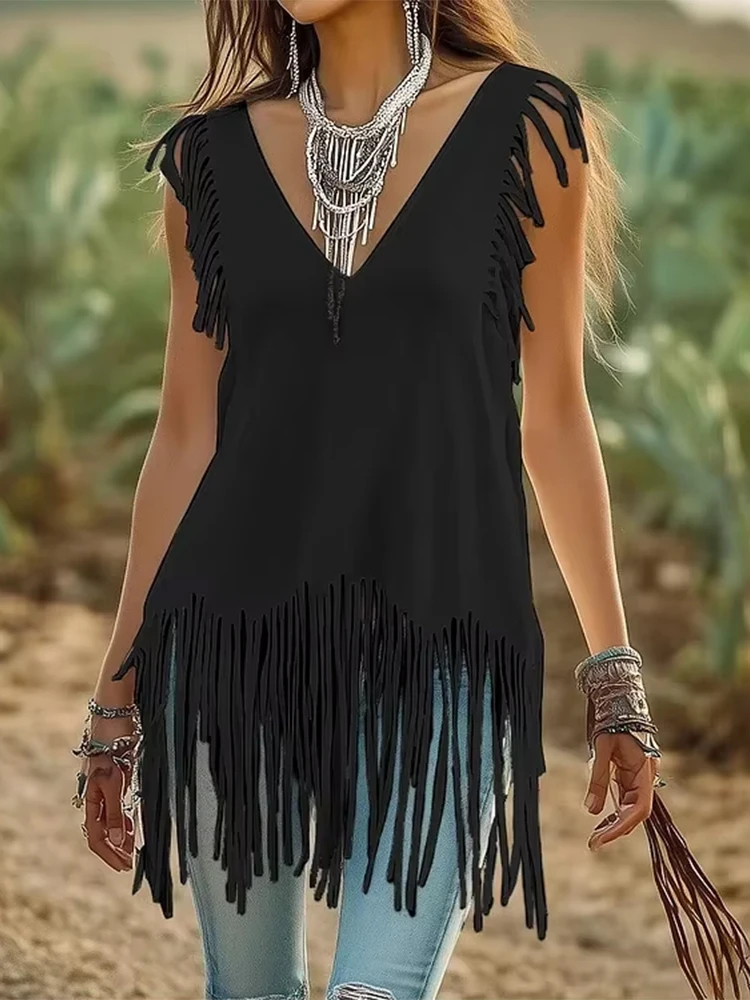 

Women Tassel Tank Top Sexy Sleeveless Baggy T-shirt Vest Tee Blouse Tank Tops Irregular Fringe Feminino V Neck Streetwear Top